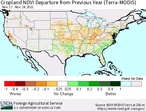 United States Cropland NDVI Departure from Previous Year (Terra-MODIS) Thematic Map For 11/21/2022 - 11/30/2022