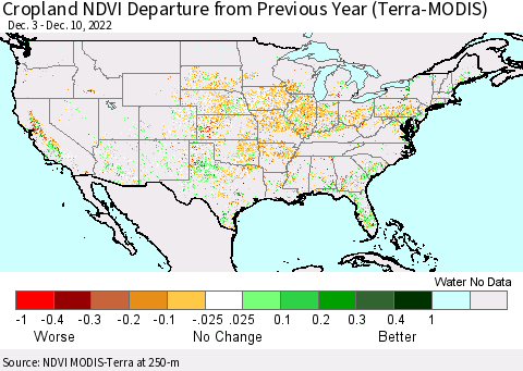 United States Cropland NDVI Departure from Previous Year (Terra-MODIS) Thematic Map For 12/1/2022 - 12/10/2022