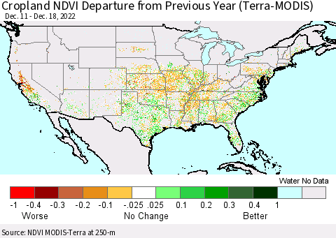 United States Cropland NDVI Departure from Previous Year (Terra-MODIS) Thematic Map For 12/11/2022 - 12/18/2022