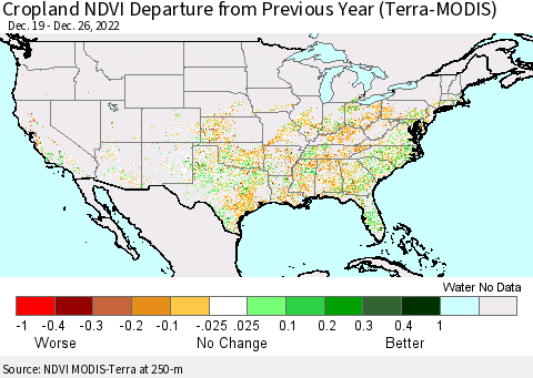United States Cropland NDVI Departure from Previous Year (Terra-MODIS) Thematic Map For 12/19/2022 - 12/26/2022