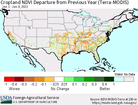 United States Cropland NDVI Departure from Previous Year (Terra-MODIS) Thematic Map For 1/1/2023 - 1/10/2023