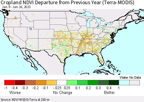 United States Cropland NDVI Departure from Previous Year (Terra-MODIS) Thematic Map For 1/9/2023 - 1/16/2023