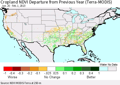 United States Cropland NDVI Departure from Previous Year (Terra-MODIS) Thematic Map For 1/25/2023 - 2/1/2023