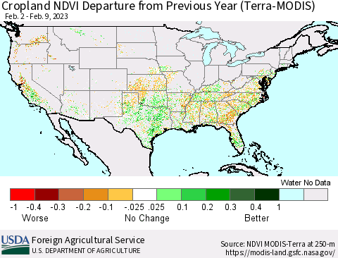 United States Cropland NDVI Departure from Previous Year (Terra-MODIS) Thematic Map For 2/1/2023 - 2/10/2023