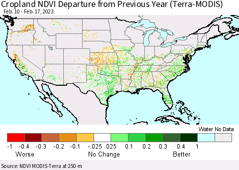 United States Cropland NDVI Departure from Previous Year (Terra-MODIS) Thematic Map For 2/10/2023 - 2/17/2023