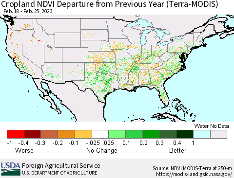 United States Cropland NDVI Departure from Previous Year (Terra-MODIS) Thematic Map For 2/21/2023 - 2/28/2023
