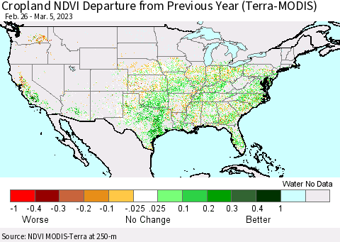 United States Cropland NDVI Departure from Previous Year (Terra-MODIS) Thematic Map For 2/26/2023 - 3/5/2023