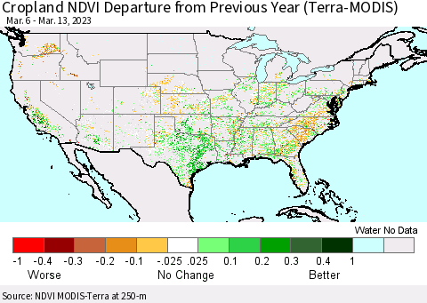United States Cropland NDVI Departure from Previous Year (Terra-MODIS) Thematic Map For 3/6/2023 - 3/13/2023