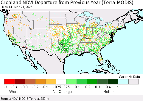 United States Cropland NDVI Departure from Previous Year (Terra-MODIS) Thematic Map For 3/14/2023 - 3/21/2023