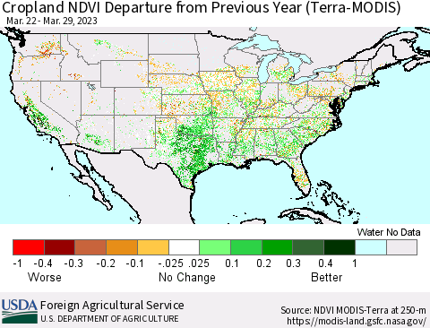 United States Cropland NDVI Departure from Previous Year (Terra-MODIS) Thematic Map For 3/21/2023 - 3/31/2023