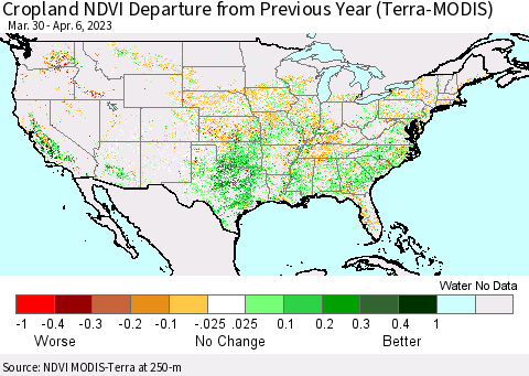 United States Cropland NDVI Departure from Previous Year (Terra-MODIS) Thematic Map For 3/30/2023 - 4/6/2023