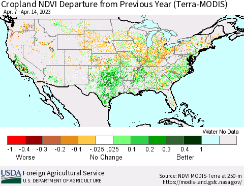 United States Cropland NDVI Departure from Previous Year (Terra-MODIS) Thematic Map For 4/11/2023 - 4/20/2023
