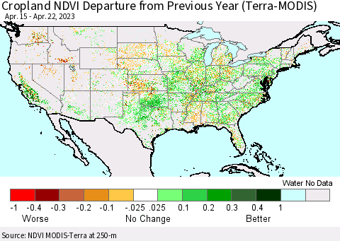 United States Cropland NDVI Departure from Previous Year (Terra-MODIS) Thematic Map For 4/15/2023 - 4/22/2023