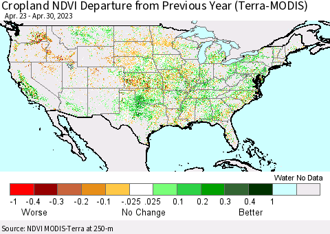 United States Cropland NDVI Departure from Previous Year (Terra-MODIS) Thematic Map For 4/21/2023 - 4/30/2023