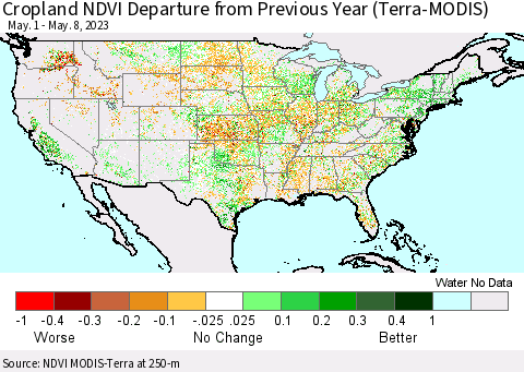 United States Cropland NDVI Departure from Previous Year (Terra-MODIS) Thematic Map For 5/1/2023 - 5/8/2023