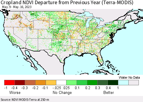 United States Cropland NDVI Departure from Previous Year (Terra-MODIS) Thematic Map For 5/9/2023 - 5/16/2023