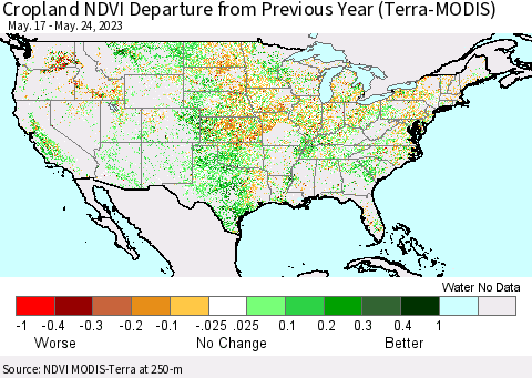 United States Cropland NDVI Departure from Previous Year (Terra-MODIS) Thematic Map For 5/17/2023 - 5/24/2023