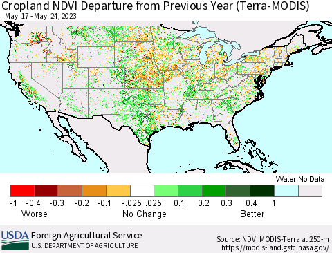 United States Cropland NDVI Departure from Previous Year (Terra-MODIS) Thematic Map For 5/21/2023 - 5/31/2023
