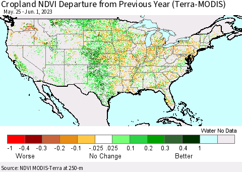 United States Cropland NDVI Departure from Previous Year (Terra-MODIS) Thematic Map For 5/25/2023 - 6/1/2023