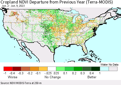 United States Cropland NDVI Departure from Previous Year (Terra-MODIS) Thematic Map For 6/2/2023 - 6/9/2023