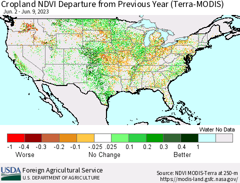 United States Cropland NDVI Departure from Previous Year (Terra-MODIS) Thematic Map For 6/1/2023 - 6/10/2023