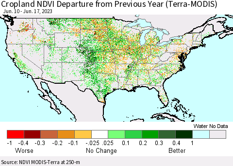 United States Cropland NDVI Departure from Previous Year (Terra-MODIS) Thematic Map For 6/10/2023 - 6/17/2023