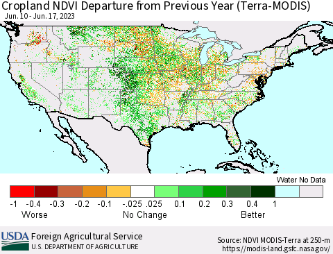 United States Cropland NDVI Departure from Previous Year (Terra-MODIS) Thematic Map For 6/11/2023 - 6/20/2023