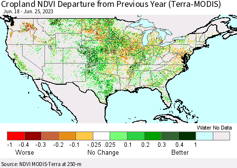 United States Cropland NDVI Departure from Previous Year (Terra-MODIS) Thematic Map For 6/18/2023 - 6/25/2023