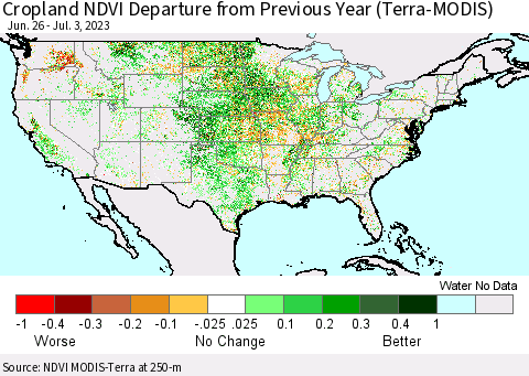 United States Cropland NDVI Departure from Previous Year (Terra-MODIS) Thematic Map For 6/26/2023 - 7/3/2023