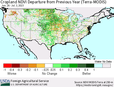 United States Cropland NDVI Departure from Previous Year (Terra-MODIS) Thematic Map For 7/1/2023 - 7/10/2023