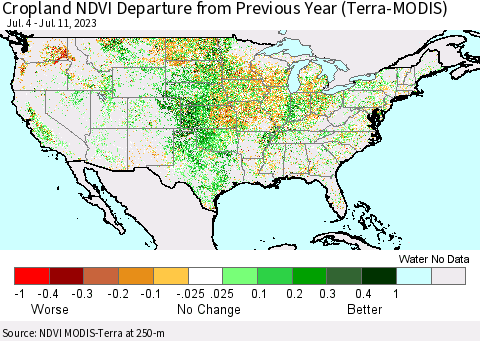 United States Cropland NDVI Departure from Previous Year (Terra-MODIS) Thematic Map For 7/4/2023 - 7/11/2023