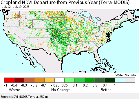 United States Cropland NDVI Departure from Previous Year (Terra-MODIS) Thematic Map For 7/12/2023 - 7/19/2023