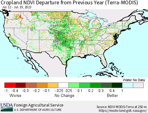 United States Cropland NDVI Departure from Previous Year (Terra-MODIS) Thematic Map For 7/11/2023 - 7/20/2023