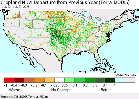 United States Cropland NDVI Departure from Previous Year (Terra-MODIS) Thematic Map For 7/20/2023 - 7/27/2023