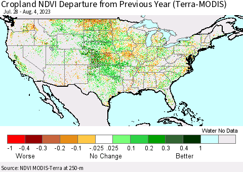 United States Cropland NDVI Departure from Previous Year (Terra-MODIS) Thematic Map For 7/28/2023 - 8/4/2023