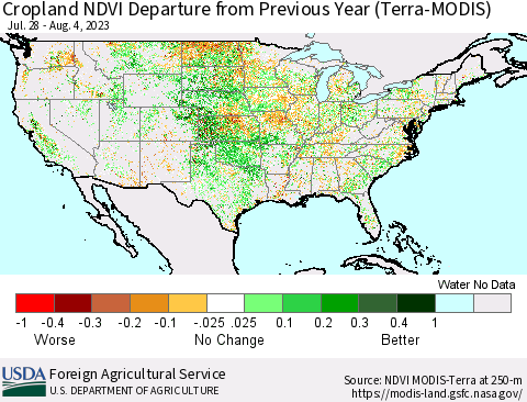 United States Cropland NDVI Departure from Previous Year (Terra-MODIS) Thematic Map For 8/1/2023 - 8/10/2023