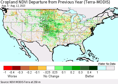 United States Cropland NDVI Departure from Previous Year (Terra-MODIS) Thematic Map For 8/5/2023 - 8/12/2023