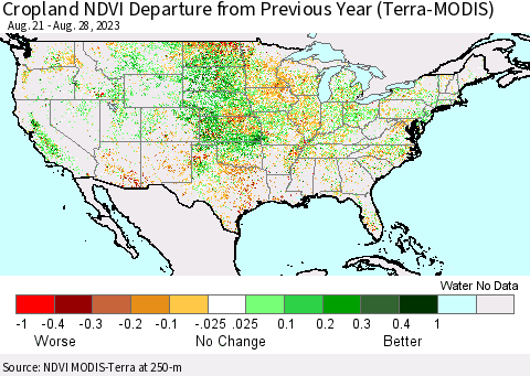 United States Cropland NDVI Departure from Previous Year (Terra-MODIS) Thematic Map For 8/21/2023 - 8/28/2023