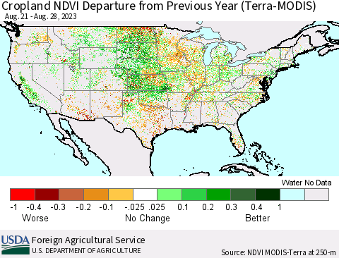 United States Cropland NDVI Departure from Previous Year (Terra-MODIS) Thematic Map For 8/21/2023 - 8/31/2023