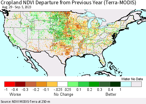 United States Cropland NDVI Departure from Previous Year (Terra-MODIS) Thematic Map For 8/29/2023 - 9/5/2023