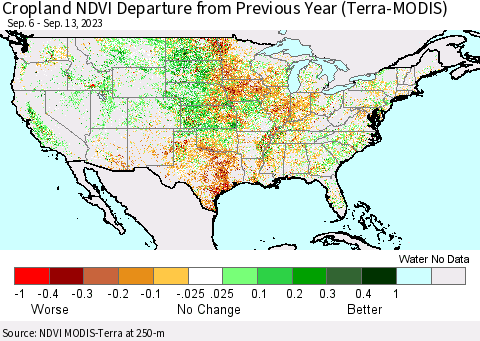 United States Cropland NDVI Departure from Previous Year (Terra-MODIS) Thematic Map For 9/6/2023 - 9/13/2023