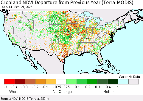 United States Cropland NDVI Departure from Previous Year (Terra-MODIS) Thematic Map For 9/14/2023 - 9/21/2023