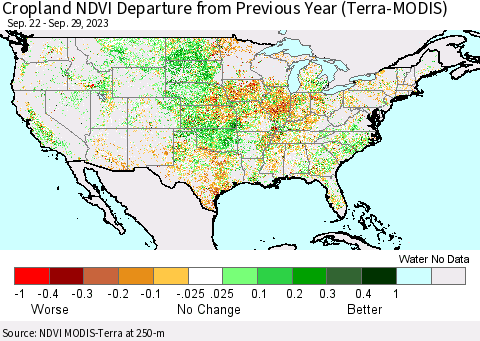 United States Cropland NDVI Departure from Previous Year (Terra-MODIS) Thematic Map For 9/22/2023 - 9/29/2023