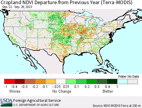 United States Cropland NDVI Departure from Previous Year (Terra-MODIS) Thematic Map For 9/21/2023 - 9/30/2023