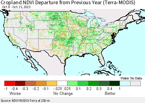 United States Cropland NDVI Departure from Previous Year (Terra-MODIS) Thematic Map For 10/8/2023 - 10/15/2023