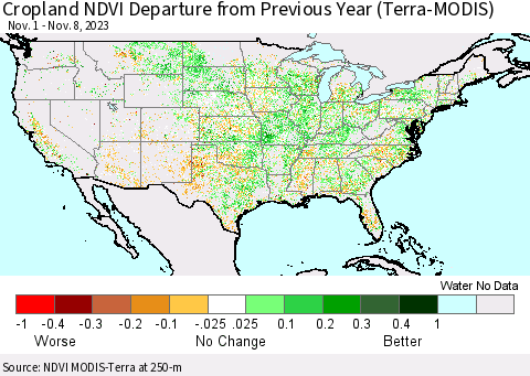 United States Cropland NDVI Departure from Previous Year (Terra-MODIS) Thematic Map For 11/1/2023 - 11/8/2023