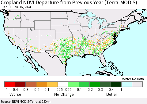 United States Cropland NDVI Departure from Previous Year (Terra-MODIS) Thematic Map For 1/9/2024 - 1/16/2024
