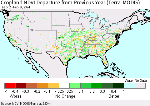 United States Cropland NDVI Departure from Previous Year (Terra-MODIS) Thematic Map For 2/2/2024 - 2/9/2024