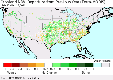 United States Cropland NDVI Departure from Previous Year (Terra-MODIS) Thematic Map For 2/10/2024 - 2/17/2024