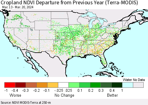 United States Cropland NDVI Departure from Previous Year (Terra-MODIS) Thematic Map For 3/13/2024 - 3/20/2024